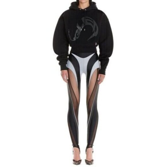 Mugler Logo Print Cropped Hoodie Size L Unisex Black - Picture 1 of 16